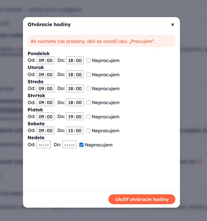 modal s otváracími hodinami pre každý deň
