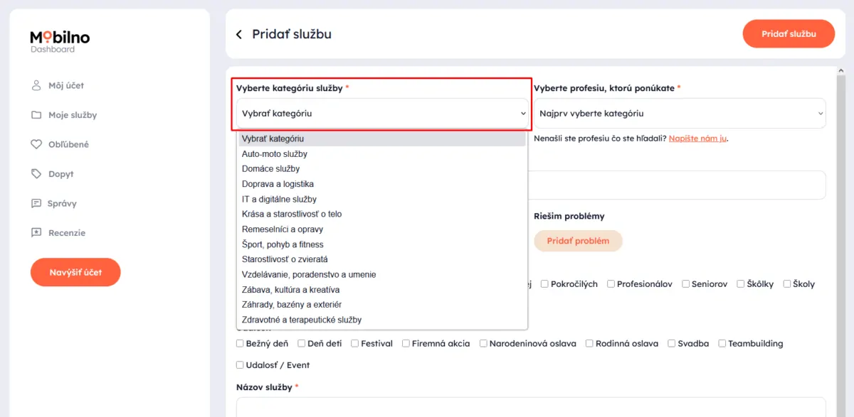 výber kategórie a profesie