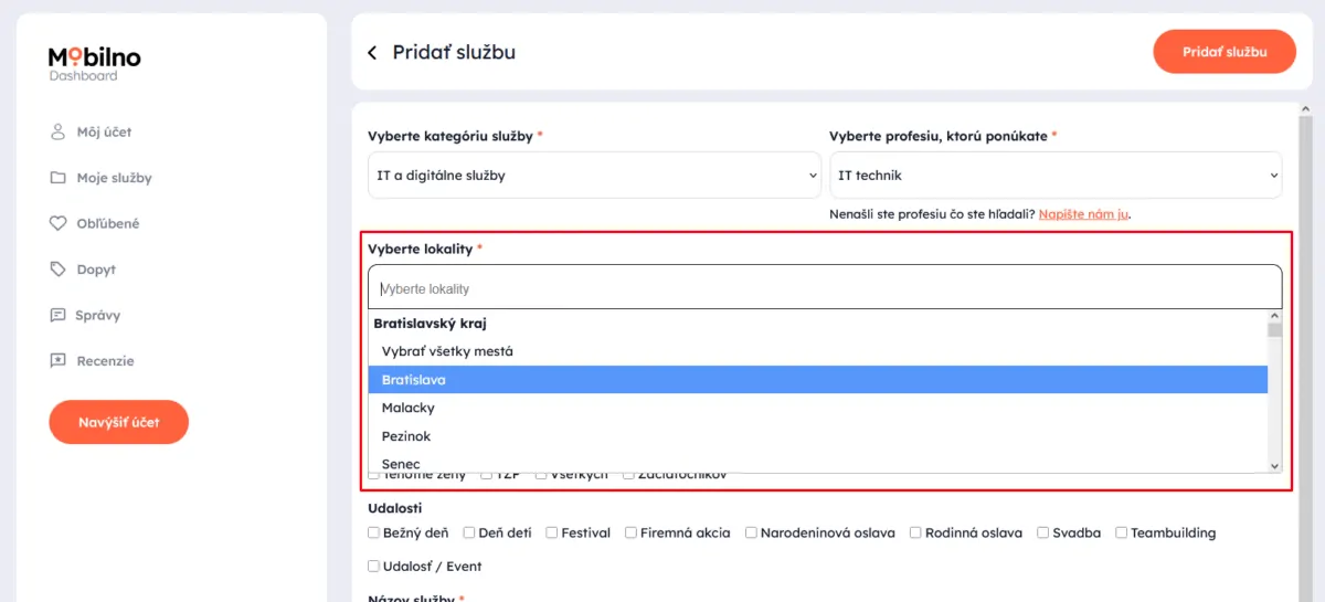výber lokality s ukážkou viacnásobného výberu